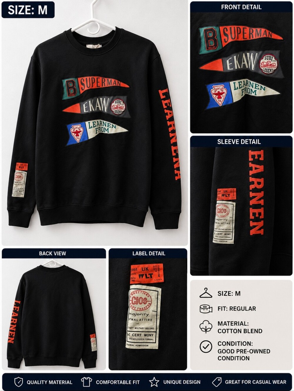 DC Comics Black Crewneck Sweatshirt with Red and Green Pennant Graphics